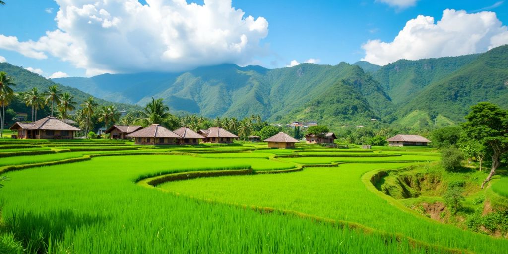 Ladang hijau dan rumah kayu di desa Sialang Panjang.