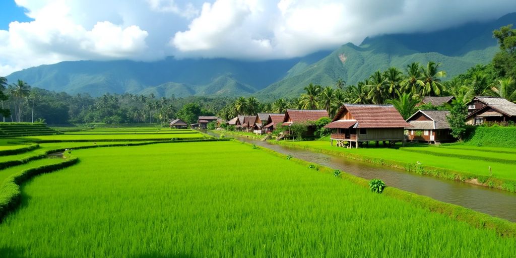 Pemandangan alam desa dengan sawah hijau dan rumah tradisional.