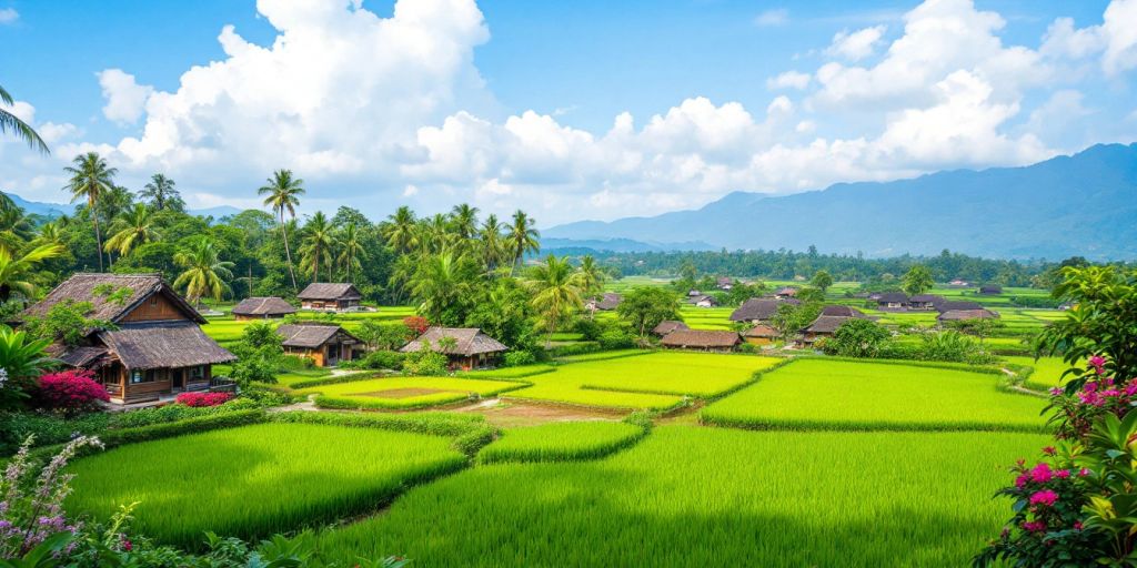 Pemandangan desa Sialang Panjang dengan sawah hijau.