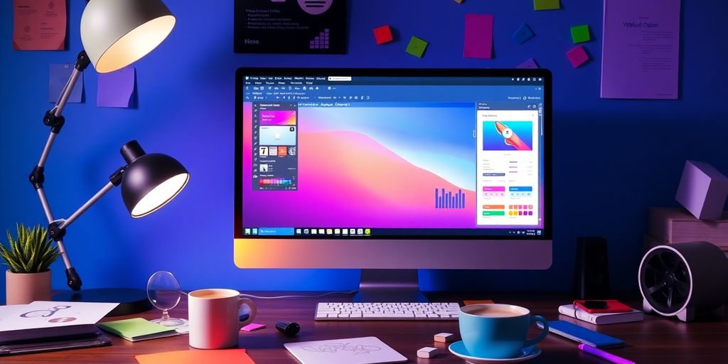 Workspace dengan komputer dan elemen desain web.